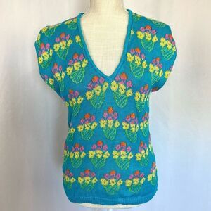 Rare Vintage 80s Collage Women’s M Blue Knit Sweater Vest Floral Pattern retro